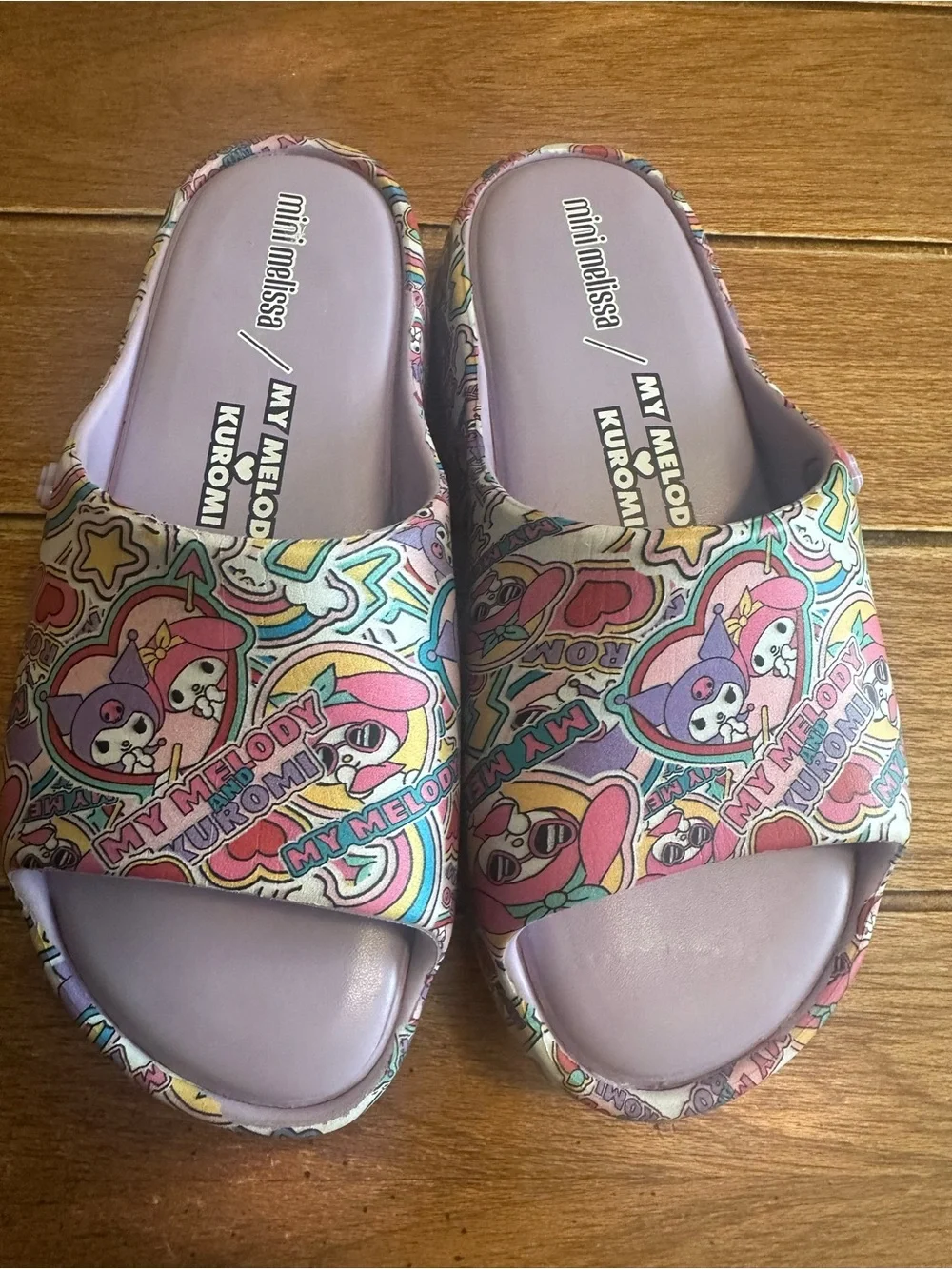 Mini Melissa Lavender Multi-Color Character Print Slide Sandals